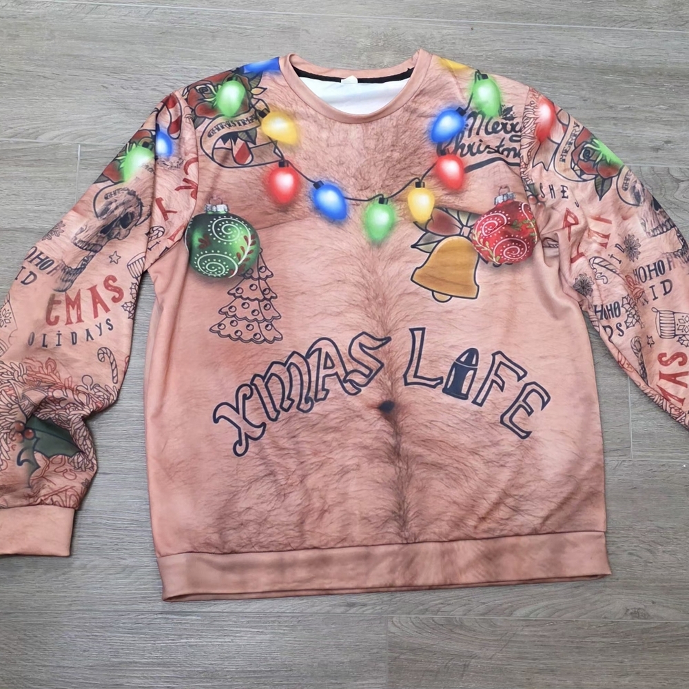 XMas Life Ugly Christmas Sweater Mens Size M Tattoos Faux Hairy Chest